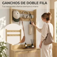HOMCOM Perchero Zapatero con 2 Cajones Abatibles con Puertas de Ratán 8 Ganchos Estante Superior y Marco de Madera Natural(m-5)