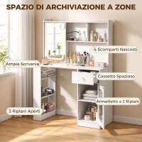 HOMCOM Postazione Trucco con Specchio Scorrevole, Luci LED, 3 Colori, Luminosità Regolabile, Bianco, Ripiani Aperti(m-6)