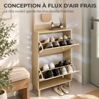 HOMCOM Porte-Manteau 2 en 1, Meuble d'Entrée avec Meuble à Chaussures, Portes Effet Rotin et 8 Crochets, Bois Naturel(m-7)