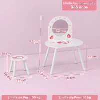 AIYAPLAY Penteadeira Infantil com Banco e Espelho, para Meninas, com Desenhos de Corações, para Crianças de 3-6 Anos, Branca(m-3)