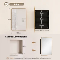 HOMCOM 50.8 x 11.6 x 71 cm Bathroom Mirror Cabinet, Wall Cabinet with Adjustable Shelves, Wall-Mounted or Recessed, Gold Tone(m-3)