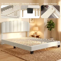 HOMCOM Cadre de Lit 140 x 190 cm avec Tête Réglable, Lit Double Rembourré en Velours, Sommier à 12 Lattes en Bois, Crème(m-6)