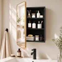 HOMCOM 50.8 x 11.6 x 71 cm Bathroom Mirror Cabinet, Wall Cabinet with Adjustable Shelves, Wall-Mounted or Recessed, Gold Tone(m-2)