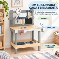 AIYAPLAY Bancada de Ferramentas Infantil em Madeira com Ferramentas Quadro e Prateleira 3-6 Anos Cinza(m-7)