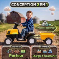 AIYAPLAY Tracteur Électrique Enfants 6 V avec Remorque Amovible, Voiture Électrique Enfants, Batterie au Lithium, 1-3 ans, Jaune(m-5)