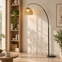 HOMCOM Bogen-Stehlampe mit doppeltem Papierseil-Schirm, Fußschalter, höhenverstellbar, Marmorfuß, Schwarz(m-9)