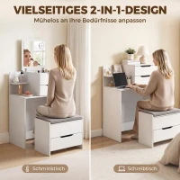 HOMCOM Kaptafel met spiegel en kruk, opklapbare spiegel, make-uptafel met lades, wit(m-4)