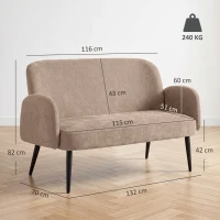 HOMCOM Sofa 2-osobowa 132 cm, mała sofa welurowa ze szerokim siedziskiem, tapicerowana z metalowymi nogami, Brązowy(m-3)