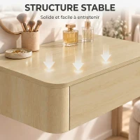 HOMCOM Coiffeuse Murale Moderne avec Miroir Rond et Tiroir Dissimulé, pour Chambre, Petit Espace, 60 x 38 x 18 cm, Chêne(m-7)
