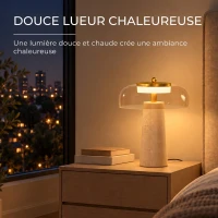 HOMCOM Lampe de Table Vintage avec Abat-Jour en Verre et Base en Travertin, Lampe de Chevet Rétro, Lumière Chaude 3000 K, Ambre(m-5)