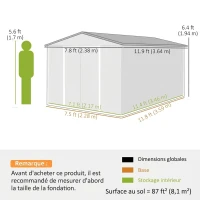 Outsunny Abri de Jardin en Métal 8,1m² Toit Pointu, Portes Verrouillables, 4 Aérations, 364x238x194cm, Gris Foncé(m-3)