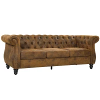 HOMCOM Divano 3 Posti Chesterfield con Seduta Ampia in Tessuto Effetto Pelle, 206x82x76 cm, Caffè(m-11)