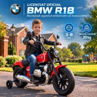 AIYAPLAY Motocicletă Electrică pentru Copii BMW R18 12V, cu Baterie Litiu, 3-8 Ani, Roți Ajutătoare Detașabile, Far, Muzică, Roșie(m-4)