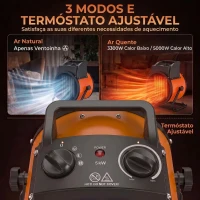Outsunny Aquecedor Elétrico Cerâmico PTC 5000W com Termóstato Ajustável 3 Modos e Ângulo Ajustável Portátil para 48 m² Laranja(m-5)