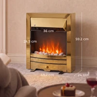 HOMCOM Electric Fireplace Stove Freestanding/Inset, 2000W, Electric Fire with LED Flame, Pebbles, Adjustable Thermostat, Gold(m-3)