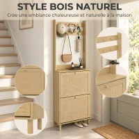 HOMCOM Porte-Manteau 2 en 1, Meuble d'Entrée avec Meuble à Chaussures, Portes Effet Rotin et 8 Crochets, Bois Naturel(m-4)
