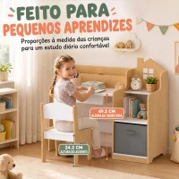 AIYAPLAY Secretária Infantil com Cadeira, Cesto de Tecido, Gaveta, 2 Compartimentos e Estantes, para Estudar e Desenhar, 3-8 Anos, Natural(m-5)