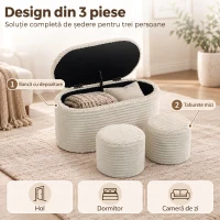 HOMCOM Set 3 piese cu spațiu de depozitare din catifea raiată, pentru living și dormitor, crem(m-5)