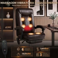 HOMCOM Cadeira de Escritório com 6 Pontos de Massagem, Calor Lombar, Apoio para os Pés, Altura Ajustável, Comando e Revestimento em PU, Castanho(m-4)