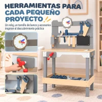AIYAPLAY Banco de Herramientas para Niños de Madera con Pizarra 15 Accesorios Reloj con Agujas Móviles Estante 3-6 años Gris(m-5)
