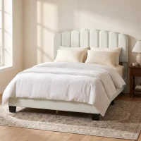 HOMCOM Cadre de Lit 140 x 190 cm avec Tête Réglable, Lit Double Rembourré en Velours, Sommier à 12 Lattes en Bois, Crème(m-8)