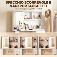 HOMCOM Postazione Trucco con Specchio Scorrevole, Luci LED, 3 Colori, Luminosità Regolabile, Bianco, Ripiani Aperti(m-7)