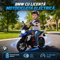 AIYAPLAY Motocicletă Electrică pentru Copii 3-8 Ani 12V, Licență BMW G310 GS, Baterie cu Litiu, Roți Ajutătoare Detașabile, Albastru(m-4)
