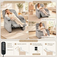HOMCOM Sillón Relax Reclinable Eléctrico Silencioso con Función Memoria Reposapiés Mando a Distancia Bolsillos Laterales Gris(m-5)
