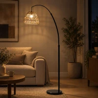 HOMCOM Bogen-Stehlampe mit doppeltem Papierseil-Schirm, Fußschalter, höhenverstellbar, Marmorfuß, Schwarz(m-8)