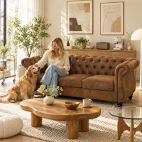 HOMCOM Divano 3 Posti Chesterfield con Seduta Ampia in Tessuto Effetto Pelle, 206x82x76 cm, Caffè(m-9)