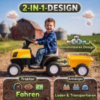 AIYAPLAY Elektrischer Kinder Traktor mit abnehmbar Anhänger Aufsitztraktor mit Lithium-Akku Fußpedal, Musik, Hupe Licht, Gelb(m-5)