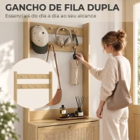 HOMCOM Bengaleiro Sapateira com 2 Gavetas Basculantes, Portas em Rattan, 8 Ganchos, Prateleira Superior e Estrutura em Madeira Natural(m-5)