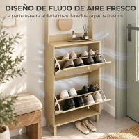 HOMCOM Perchero Zapatero con 2 Cajones Abatibles con Puertas de Ratán 8 Ganchos Estante Superior y Marco de Madera Natural(m-7)