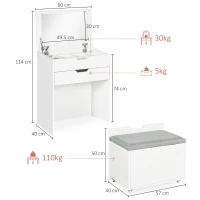 HOMCOM Măsuță de Toaletă cu Oglindă, Sertar și Taburet Asortat din Lemn, Alb(m-3)