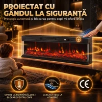 HOMCOM Șemineu electric de podea/încastrabil, 3 laturi, cu telecomandă, 750/1500W, efect flacără 3D, 12 culori, 5 niveluri de luminozitate(m-7)