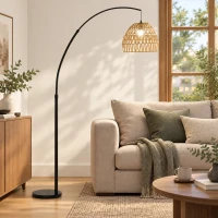 HOMCOM Bogen-Stehlampe mit doppeltem Papierseil-Schirm, Fußschalter, höhenverstellbar, Marmorfuß, Schwarz(m-2)