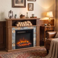 HOMCOM Șemineu electric de podea/încastrabil pentru TV 36" cu ramă și raft, 1800W, efect de flacără 3D, bușteni, maro(m-2)