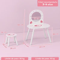 AIYAPLAY Tocador Infantil con Taburete y Espejo Tocador para Niñas con Dibujos de Corazones para Niños y Niñas de 3-6 Años Blanco(m-3)