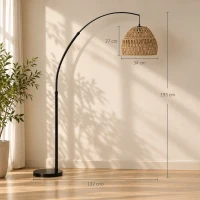 HOMCOM Bogen-Stehlampe mit doppeltem Papierseil-Schirm, Fußschalter, höhenverstellbar, Marmorfuß, Schwarz(m-3)