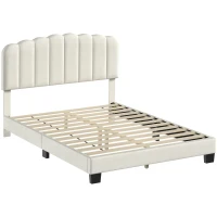 HOMCOM Cadre de Lit 140 x 190 cm avec Tête Réglable, Lit Double Rembourré en Velours, Sommier à 12 Lattes en Bois, Crème(m-1)