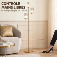 HOMCOM Lampadaire Étagère Verre 3 Lumières Lampe sur Pied Abat-jour Verre Doré(m-6)