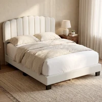 HOMCOM Cadre de Lit 140 x 190 cm avec Tête Réglable, Lit Double Rembourré en Velours, Sommier à 12 Lattes en Bois, Crème(m-13)