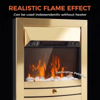 HOMCOM Electric Fireplace Stove Freestanding/Inset, 2000W, Electric Fire with LED Flame, Pebbles, Adjustable Thermostat, Gold(m-4)
