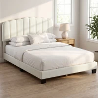 HOMCOM Cadre de Lit 140 x 190 cm avec Tête Réglable, Lit Double Rembourré en Velours, Sommier à 12 Lattes en Bois, Crème(m-14)