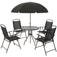 Outsunny Ensemble Salon de Jardin 6 pcs - Table Ronde + 4 chaises Pliables + Parasol - Acier époxy café textilène Polyester Noir(m-12)