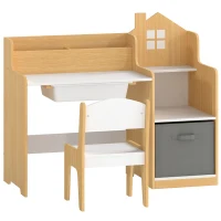 AIYAPLAY Secretária Infantil com Cadeira, Cesto de Tecido, Gaveta, 2 Compartimentos e Estantes, para Estudar e Desenhar, 3-8 Anos, Natural(m-1)