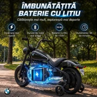 AIYAPLAY Motocicletă electrică pentru copii BMW R18 12V, baterie litiu, roți ajutătoare detașabile, far, muzică, negru(m-5)