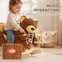 AIYAPLAY Rocking Horse Toy, Cartoon Bear Wooden Ride on Horse with Seat Belt, Music, Pretend Play Toy for Toddlers 18-36 M, Brown(m-7)