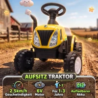 AIYAPLAY Elektrischer Kinder Traktor mit abnehmbar Anhänger Aufsitztraktor mit Lithium-Akku Fußpedal, Musik, Hupe Licht, Gelb(m-4)