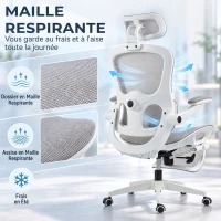 HOMCOM Chaise Bureau Ergonomique Inclinable en Maille, Support Lombaire, Appui-Tête, Accoudoirs Relevables, 62x66x126cm, Gris(m-7)